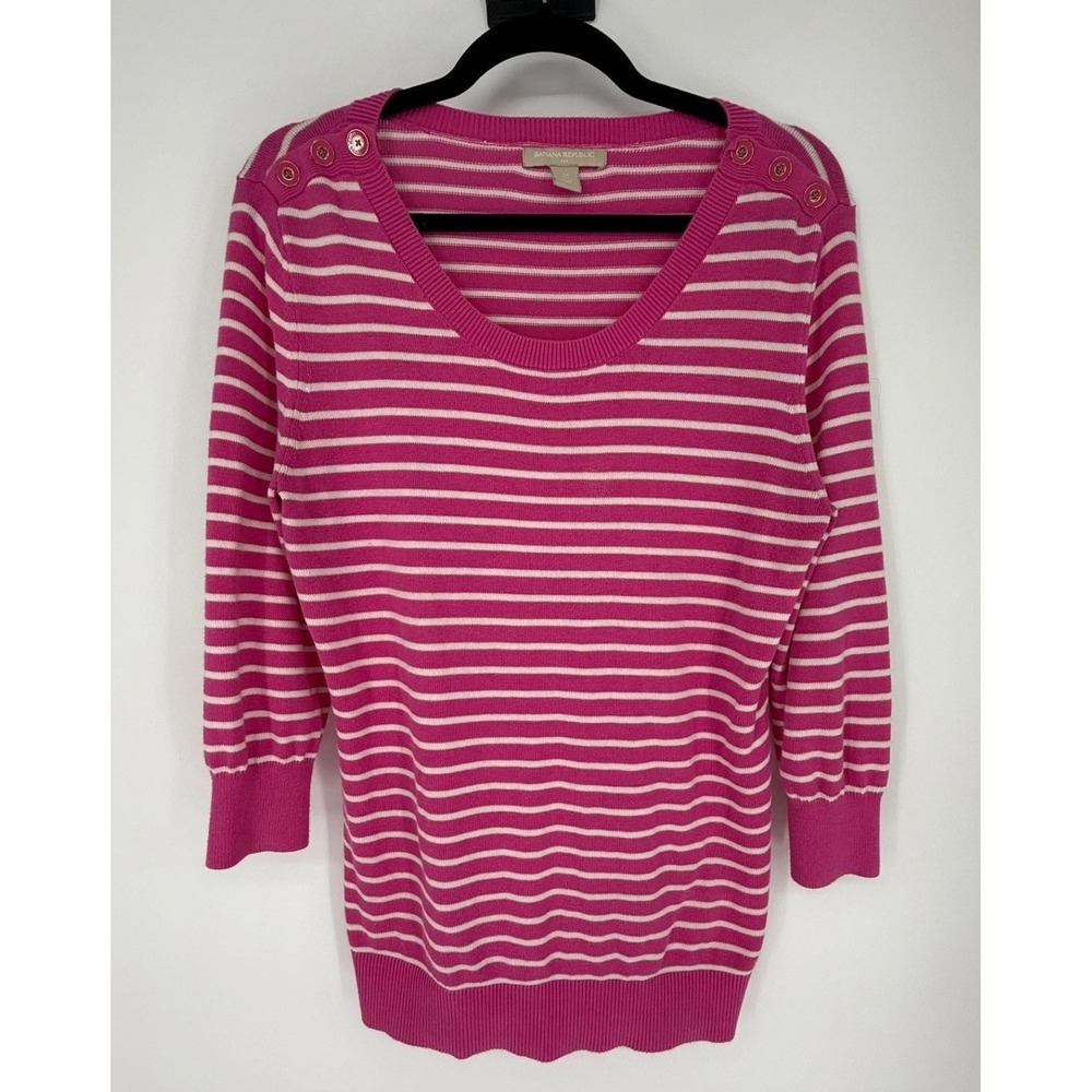 Banana Republic Womens Pullover Knit Sweater Pink White‎ Striped Medium Girly